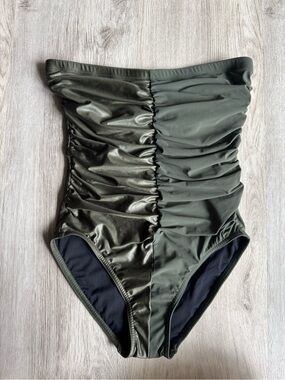 Karla Colletto Olive Green Gathered Ruched Bandeau One Piece Swimsuit Sz8- SMALL